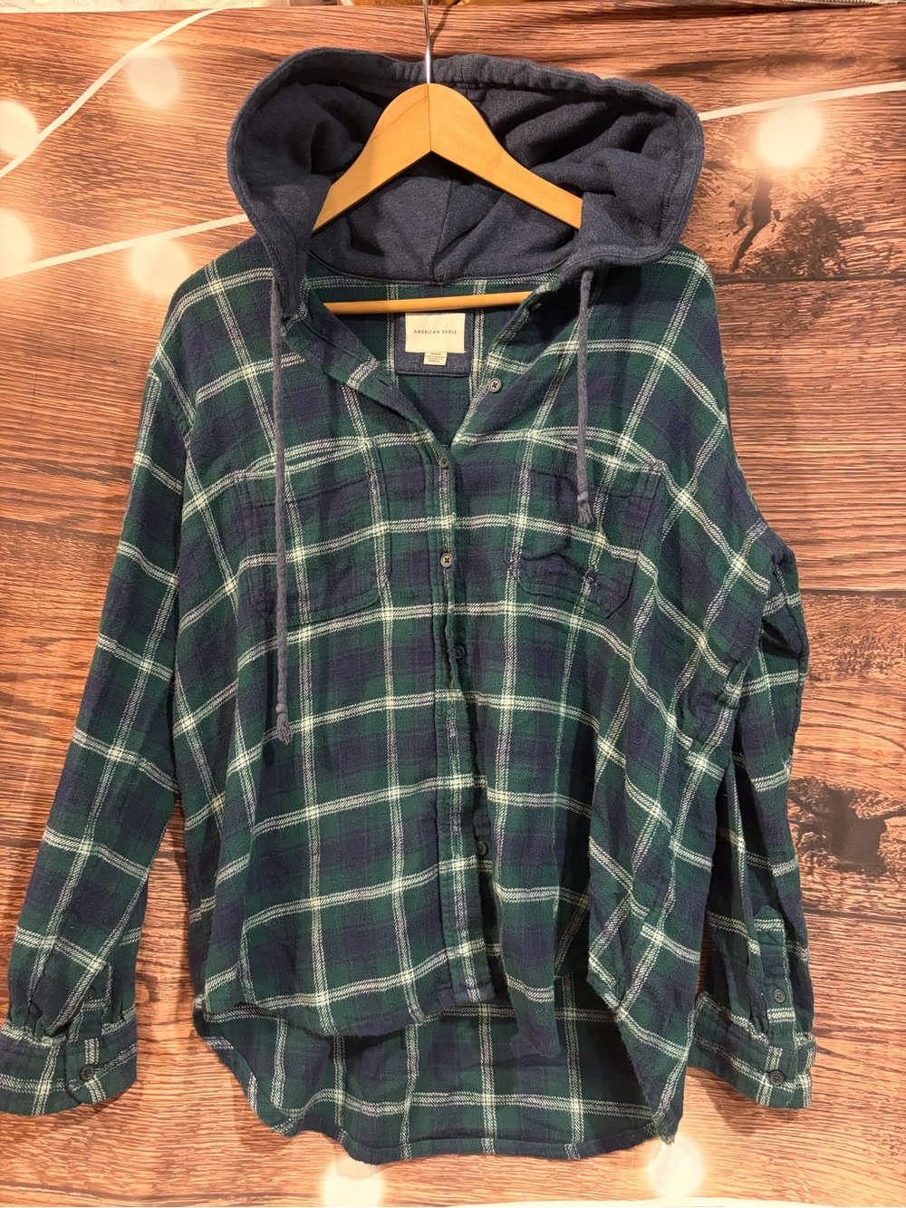American Eagle Outfitters Green & Navy Plaid Hooded Shirt